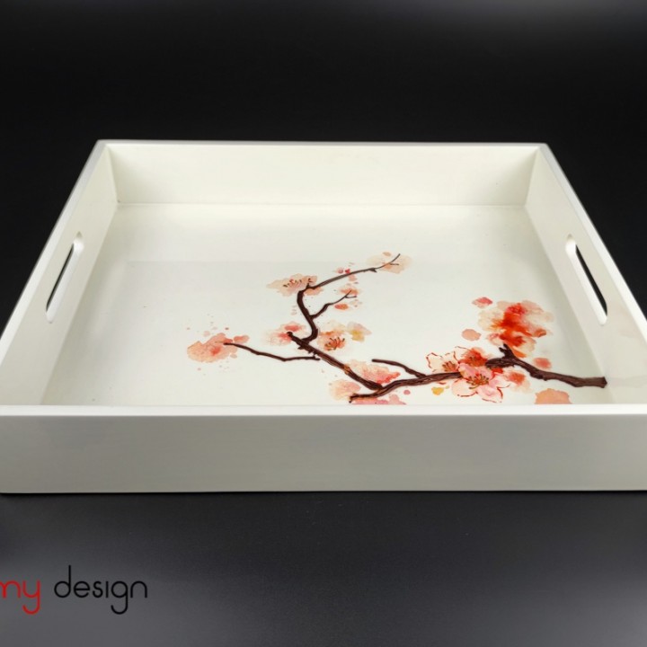 White rectangle lacquer tray hand-painted with peach blossom 30*36 cm